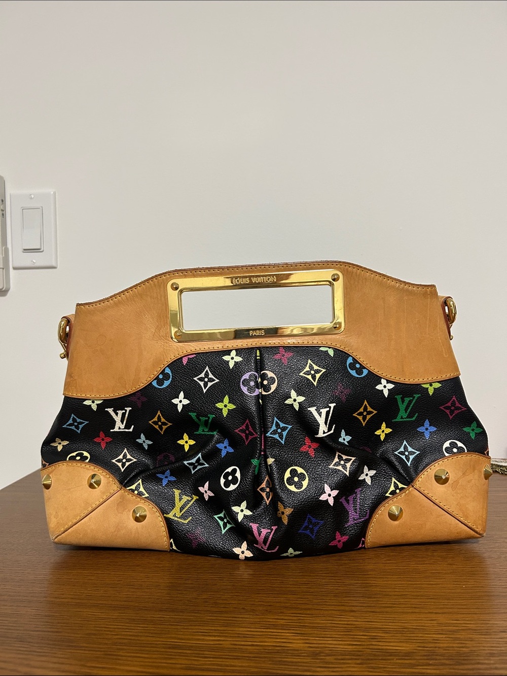 Louis Vuitton Black Multicolor Monogram Canvas and Tan Leather Handbag